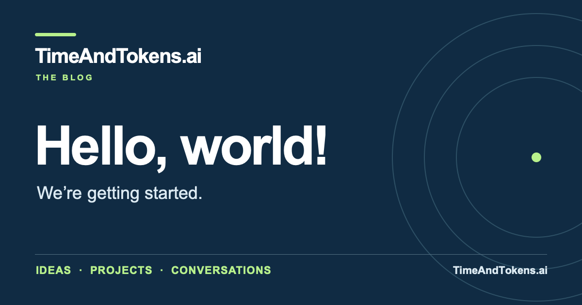 TimeAndTokens blog card reading ‘Hello, world! We’re getting started.’ with the timeandtokens.ai address and green accents.